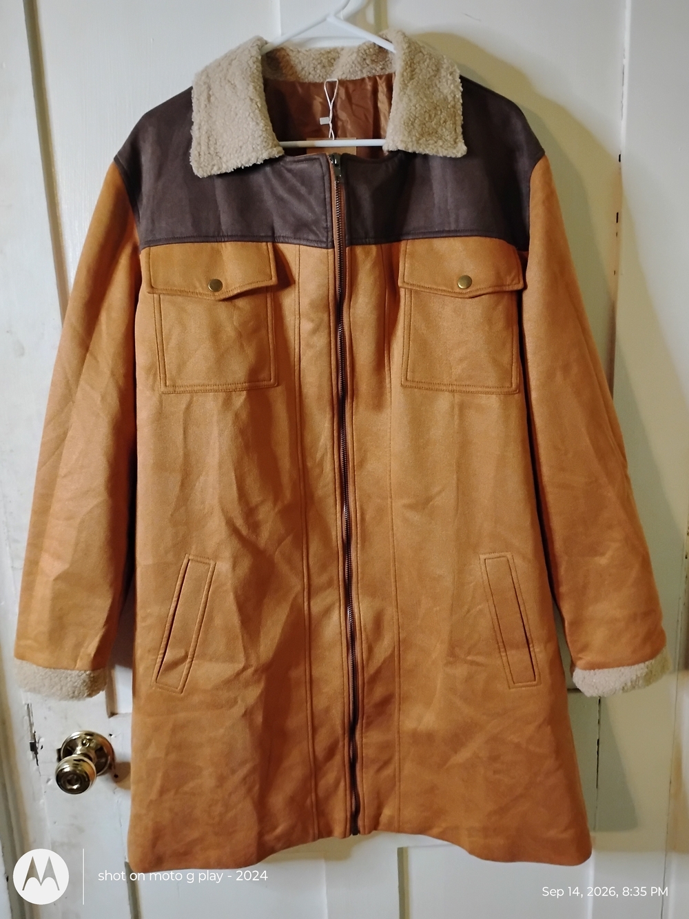 Men's Tan Faux Suede Trench Coat with Sherpa Collar